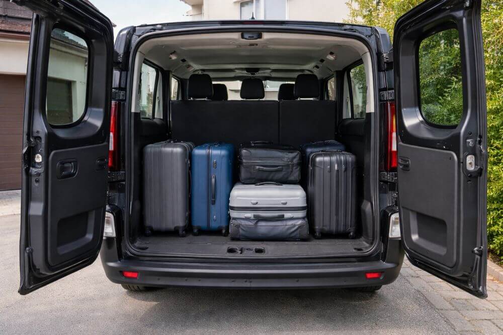 Kombi Prevoz do Hrvatske – Prostor za Prtljag | City Prevoz Prtljažni prostor kombi vozila pripremljen za kombi prevoz do Hrvatske sa uredno složenim koferima i torbama. City Prevoz organizuje kombi prevoz do Hrvatske sa dovoljno prostora za lični prtljag i dodatne torbe. Vozilo je prilagođeno dugim međunarodnim relacijama i prevozu od vrata do vrata. Pozovite +381 62 640 633 ili +387 62 640 630 za rezervaciju mesta i potvrdu termina polaska.